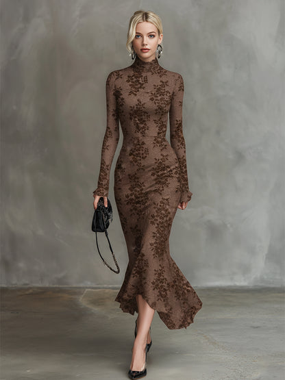 Elegant Brown 3D Floral Elastic Lace Fishtail Maxi Dress