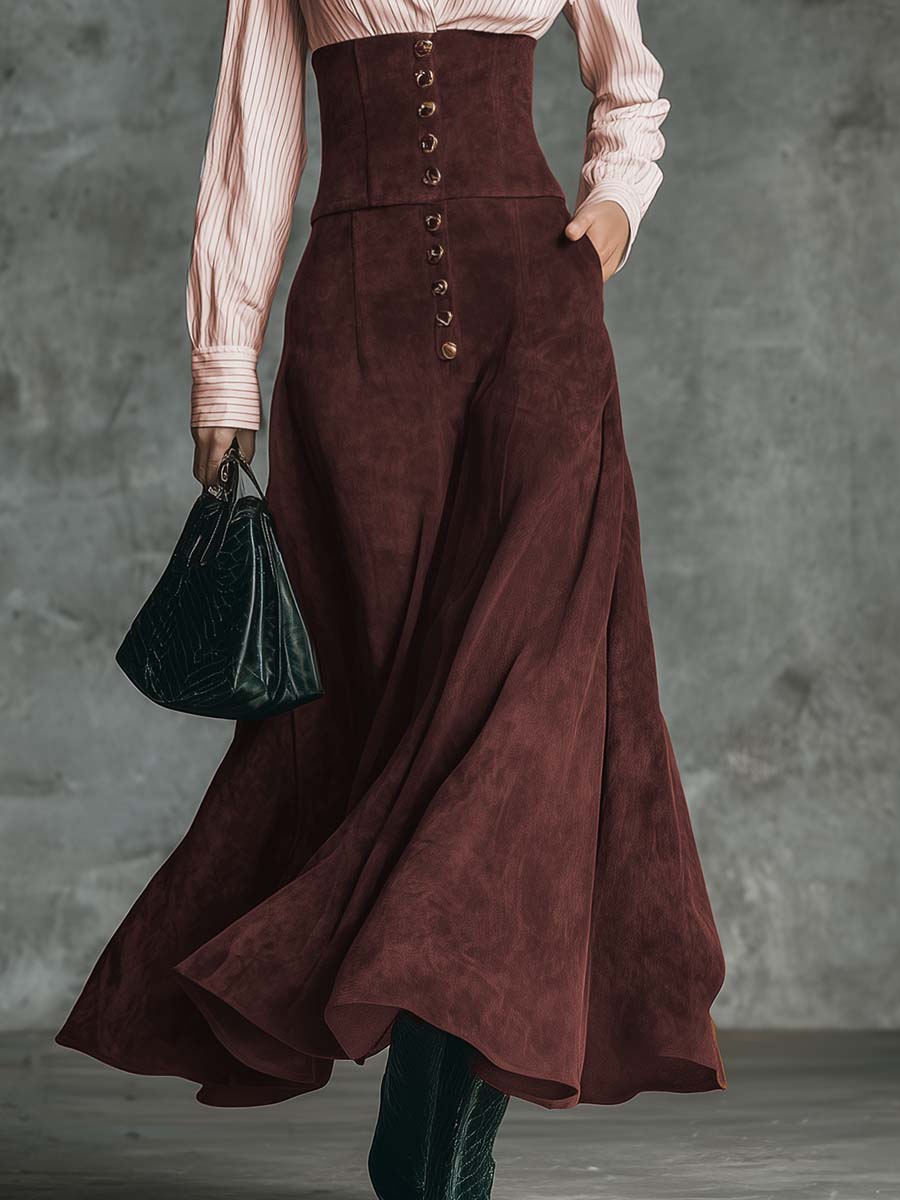 Vintage Elegant Pink Striped Cotton Shirt And Maroon Suede High-waisted Skirt Set