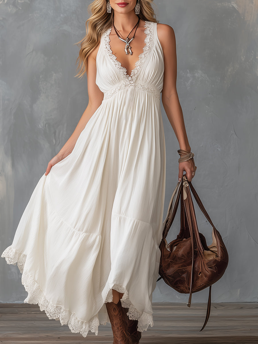 Exquisite Lace Trim White Chiffon V-neck Sleeveless Maxi Dress