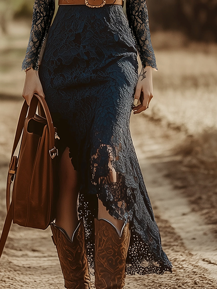 vintage bohemian blue lace long sleeve midi dress 80s Floral Print Blue Turquoise Dress Midi Pleated Secretary Vintage Long Sleeve Bohemian Medium Large Size