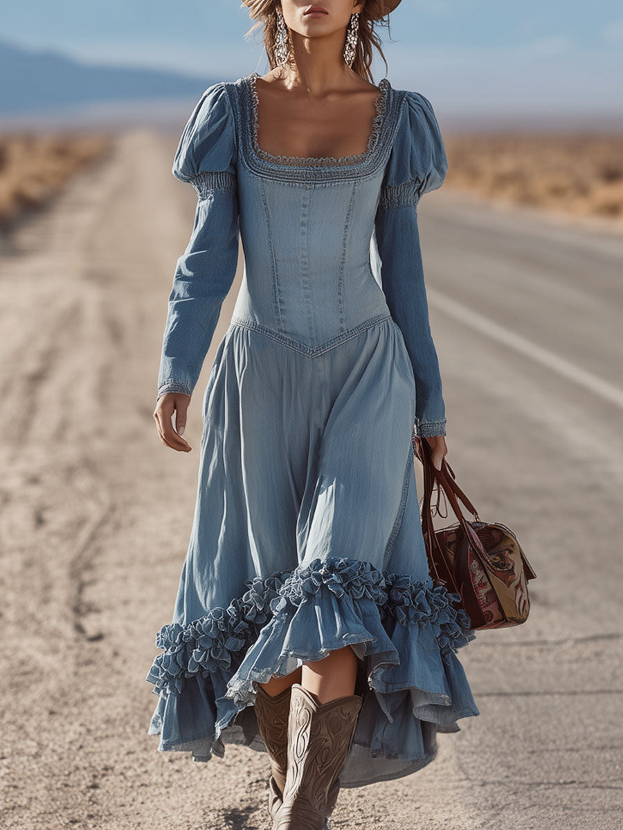 Western Retro Square Neck Lace Light Blue Denim Ruffled Long Sleeve Midi Dress