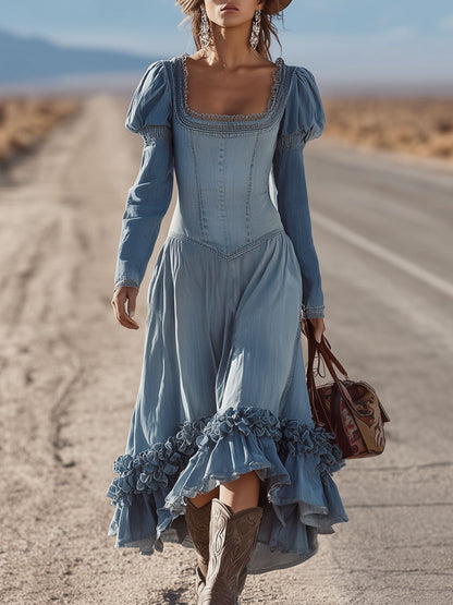 Western Retro Square Neck Lace Light Blue Denim Ruffled Long Sleeve Midi Dress