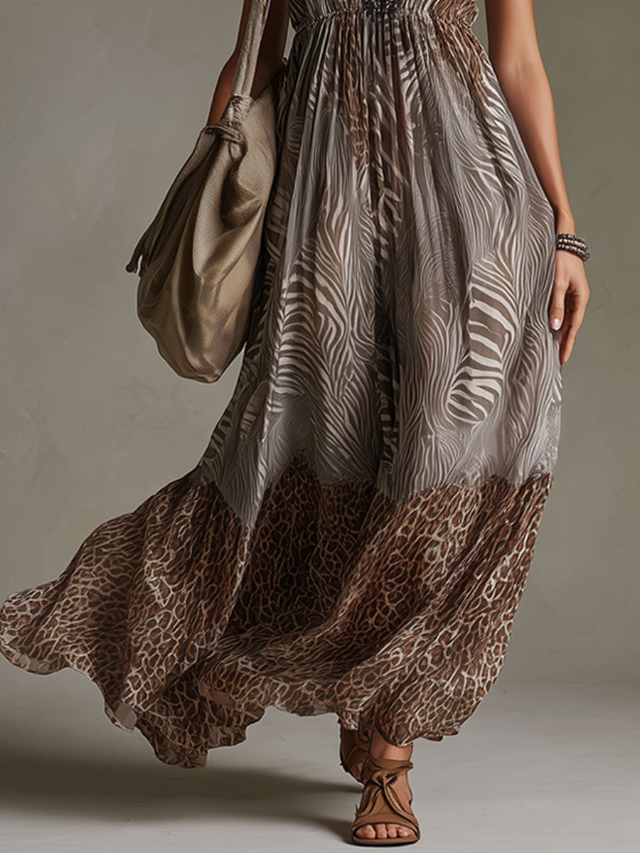 Vacation Retro Leopard Print Zebra Brown Chiffon V-Neck Lace Sleeveless Maxi Dress