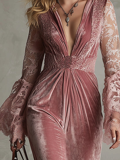 Delicate Pink Velvet Lace Long-sleeved Maxi Dress