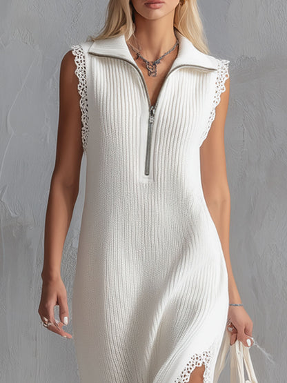 Collared Zippered Lace-trimmed Knitted Sleeveless Midi Dress