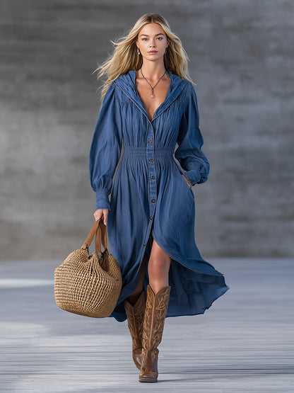 Stylish Blue Denim Button-up Elastic Pocket Midi Dress