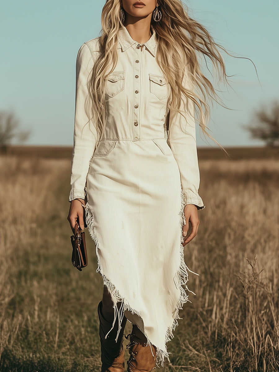 Retro Western Off-white Denim Frayed Midi Dress
