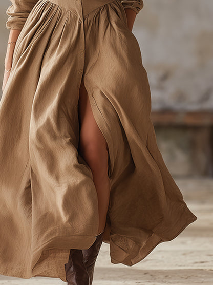 Retro Ethnic Style Khaki Cotton Linen Front Button Maxi Dress
