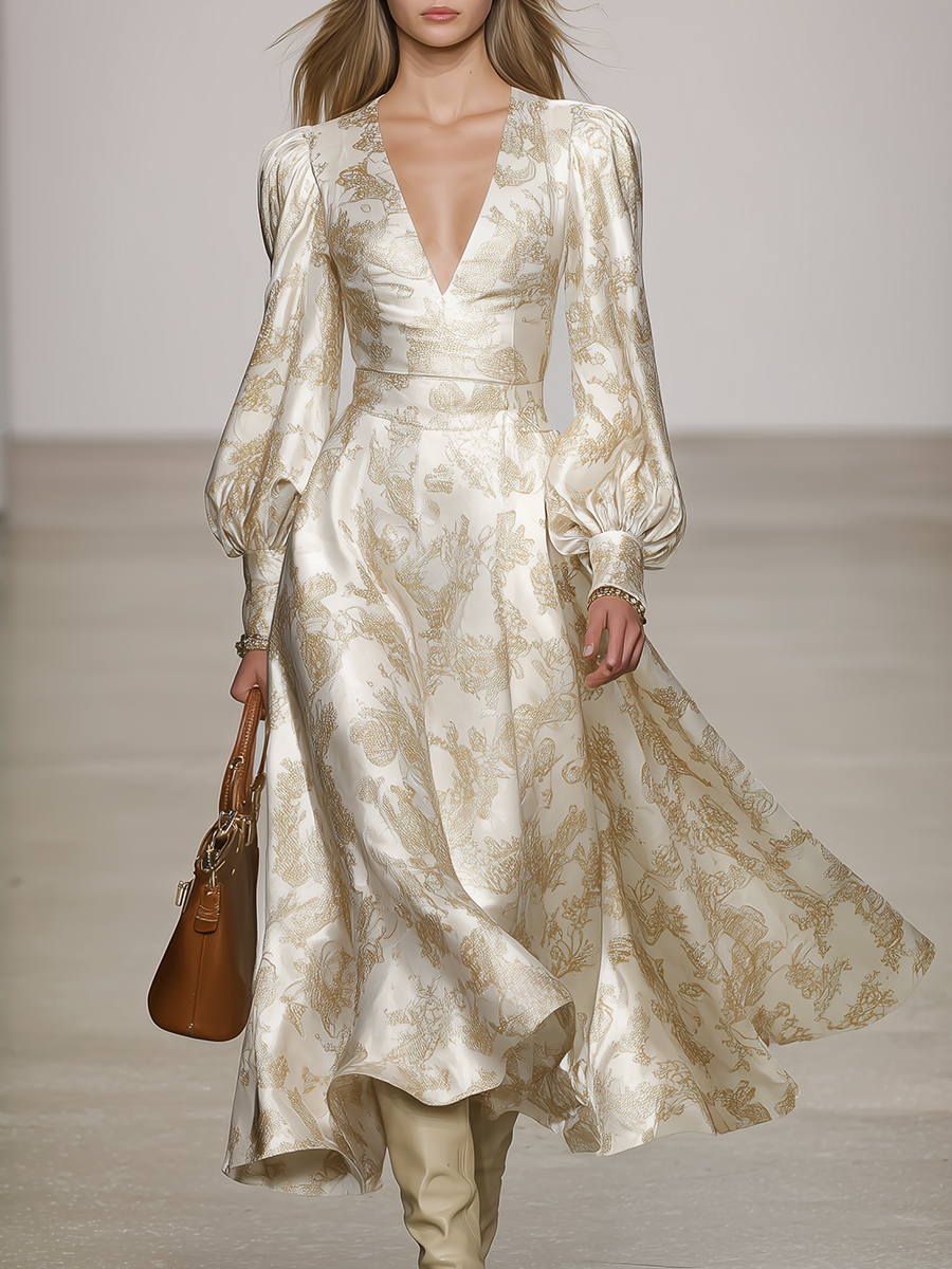 Stylish Elegant V-neck Lantern Sleeve Satin Midi Dress