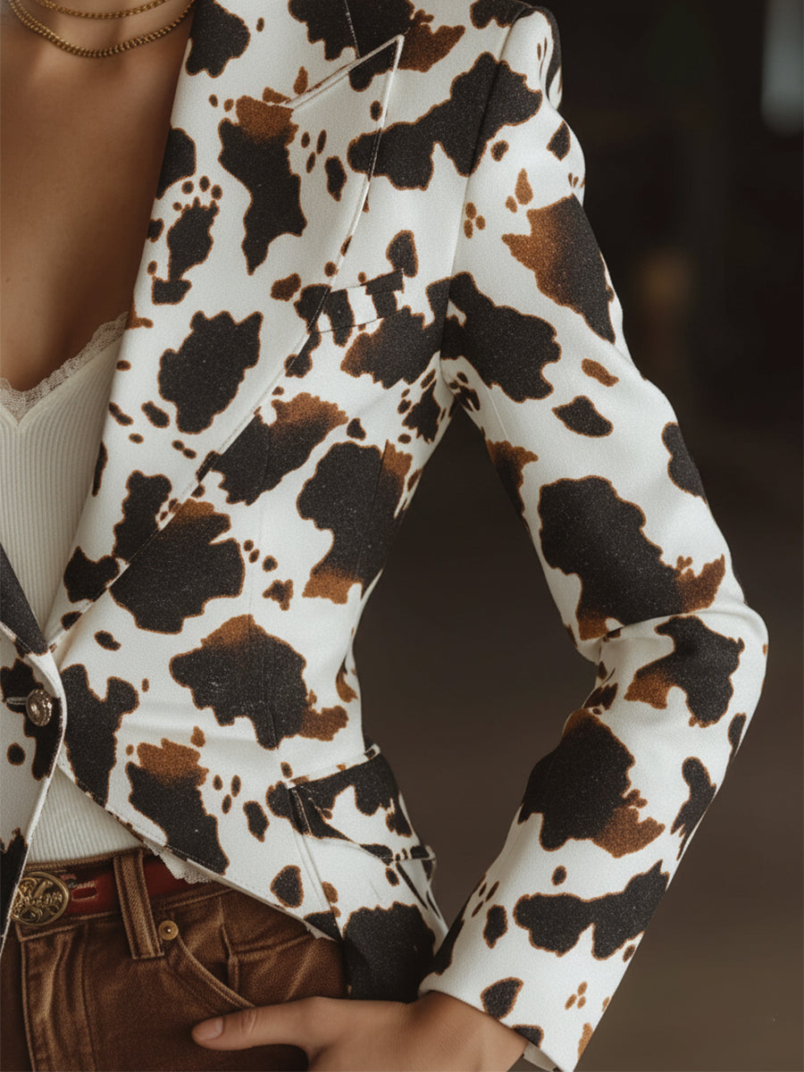 Retro Western White Cow Print Faux Leather Blazer