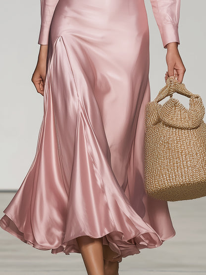 Elegant Pink Satin Shirt Collar Midi Dress