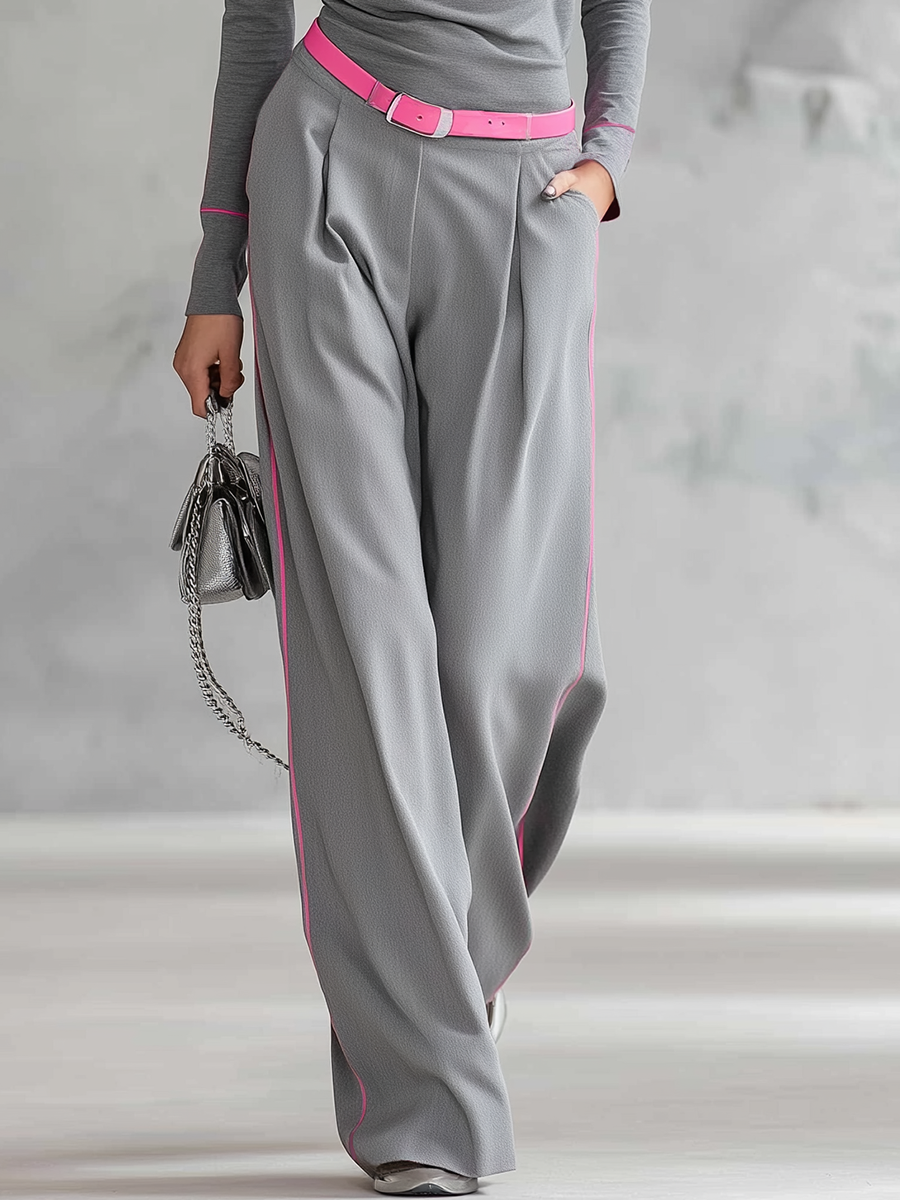 Retro Sporty Color-blocked Zip-up Stand-collar T-shirt And Wide-leg Pants Set