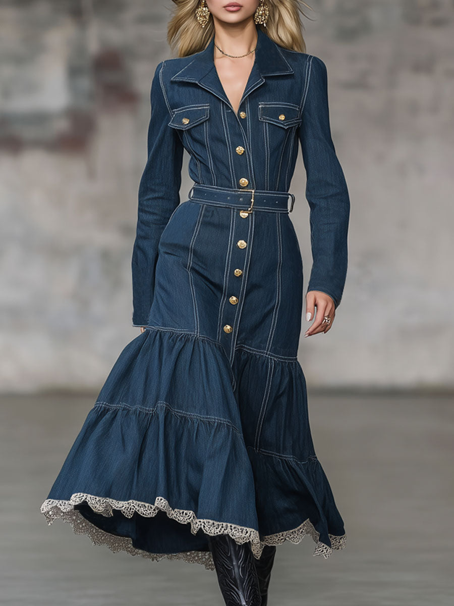 Lapel Single-breasted Belted Denim Maxi Dress
