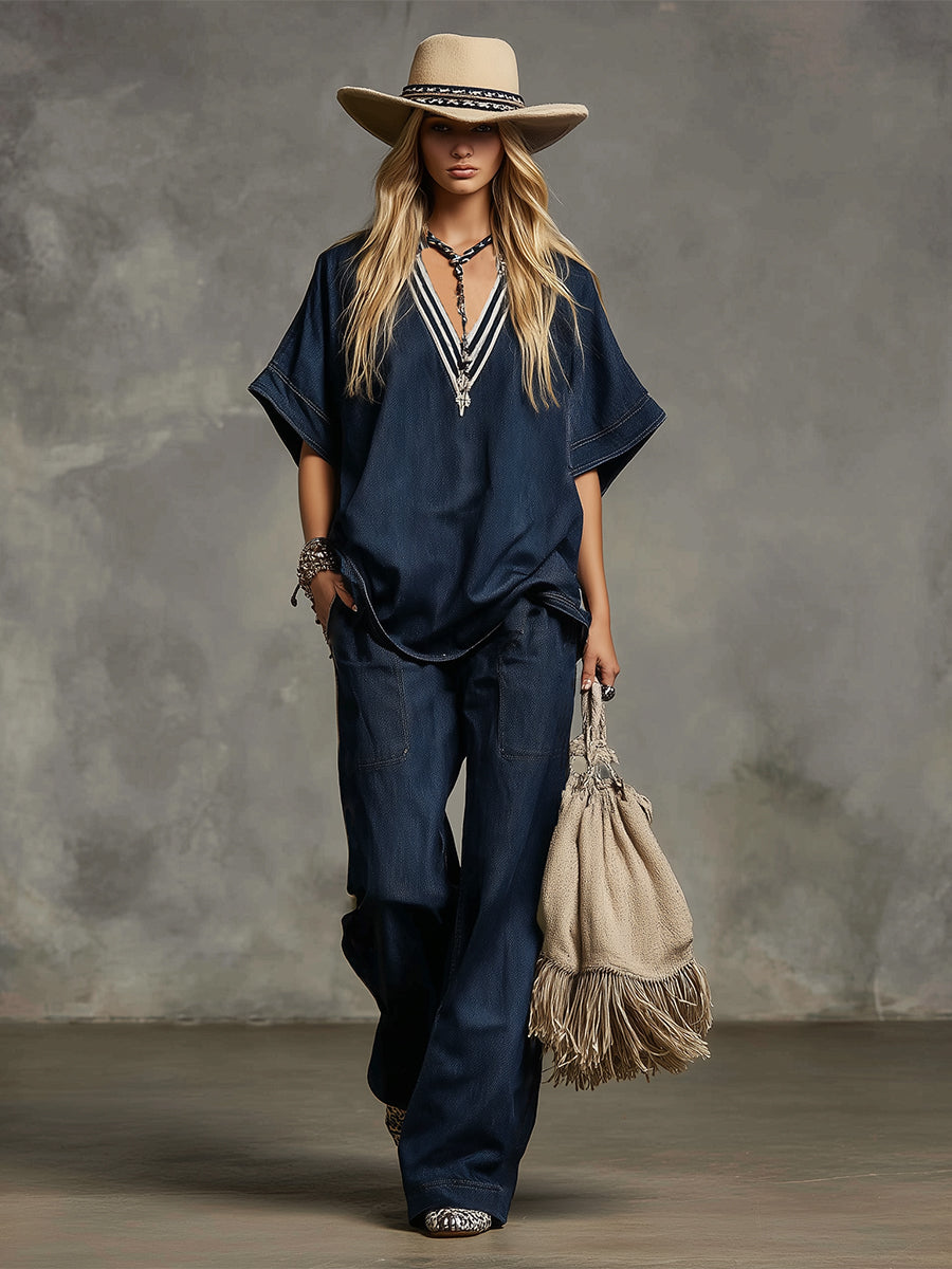 Casual And Stylish Striped V-neck Dark Blue Denim T-shirt And Wide-leg Pants Set