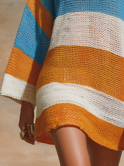 Stylish Outdoor Bohemian-style Colorful Striped Knitted Mini Dress