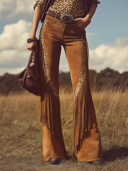 Retro Western-style Fringed Faux Suede Flared Trousers