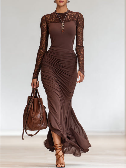 Round Neck Lace Patchwork Long Sleeve Maxi Dress