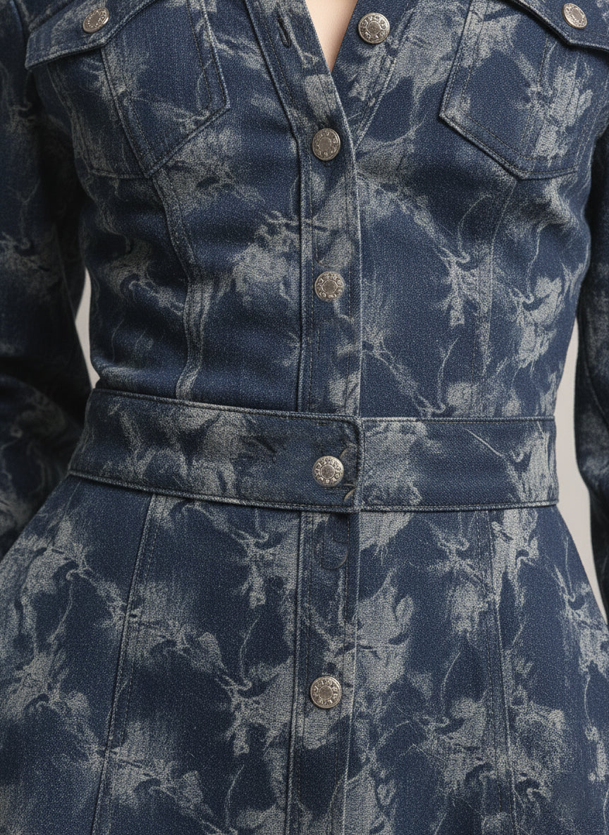 Trendy And Unique Rose Print Collared Blue Denim Button-down Maxi Dress