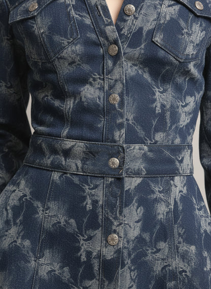 Trendy And Unique Rose Print Collared Blue Denim Button-down Maxi Dress