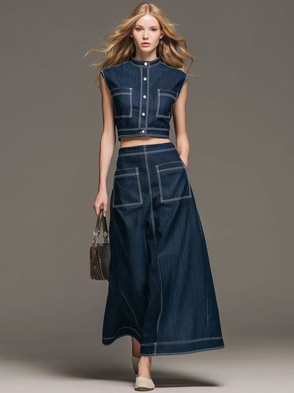 Fashionable Retro Blue Washed Denim Sleeveless Top And Skirt Set