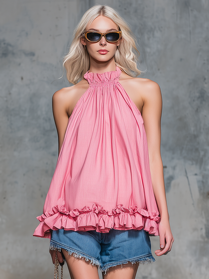Retro Casual Stand-up Collar Sleeveless A-line Ruffle Top