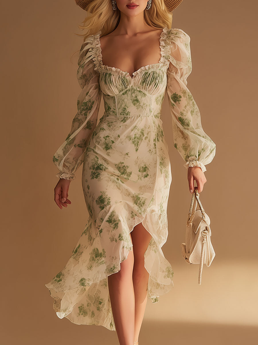 Vintage Resort Style Ruffled Green Printed Chiffon Midi Dress