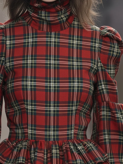 Western-style High-neck Red Plaid Ruffled Mini Dress