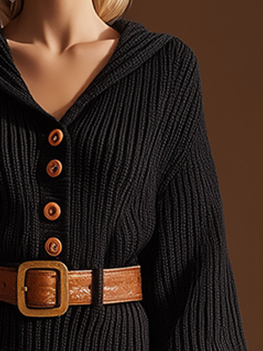 Casual And Elegant Hooded Button-up Black Knitted Mini Dress