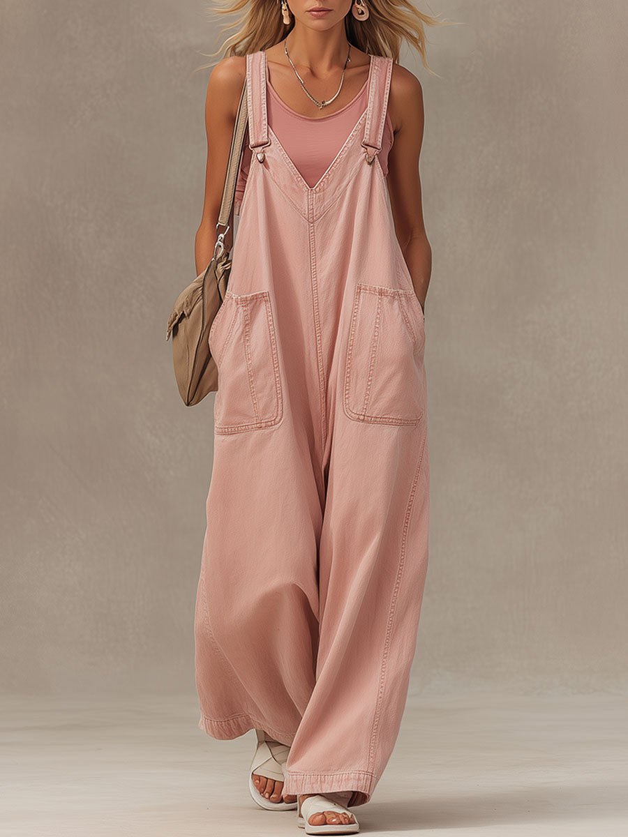 Stylish And Casual Pink Washed Denim Overalls