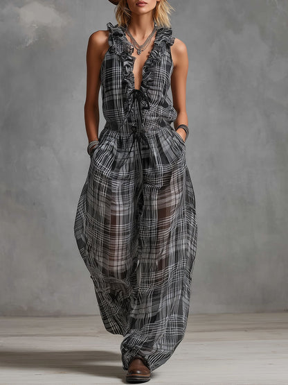 Ruffled V-neck Tie-waist Checkered Print Chiffon Sleeveless Jumpsuit