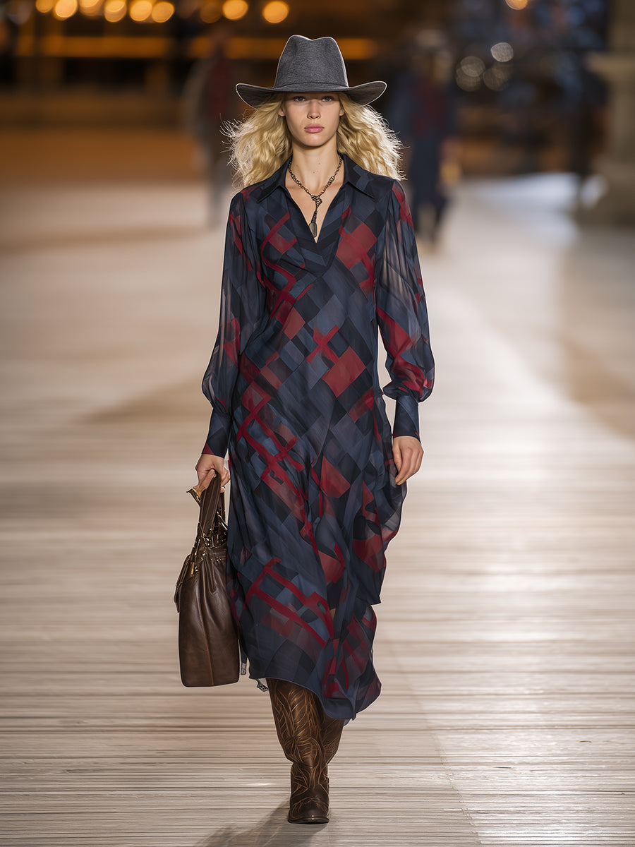 Retro-chic Red And Blue Floral Print V-neck Chiffon Maxi Dress