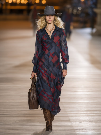 Retro-chic Red And Blue Floral Print V-neck Chiffon Maxi Dress