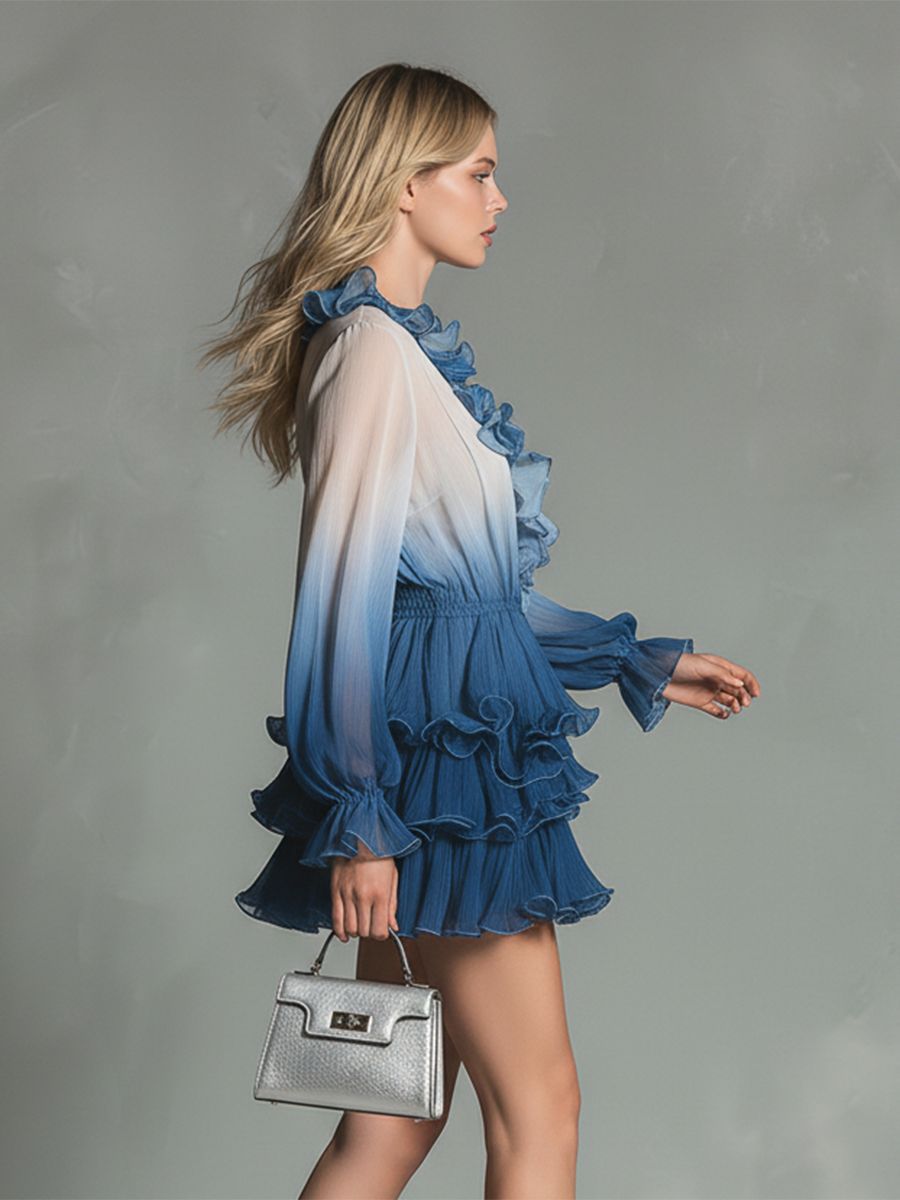 Stylish And Beautiful V-neck Gradient Color Long-sleeved Chiffon Mini Dress