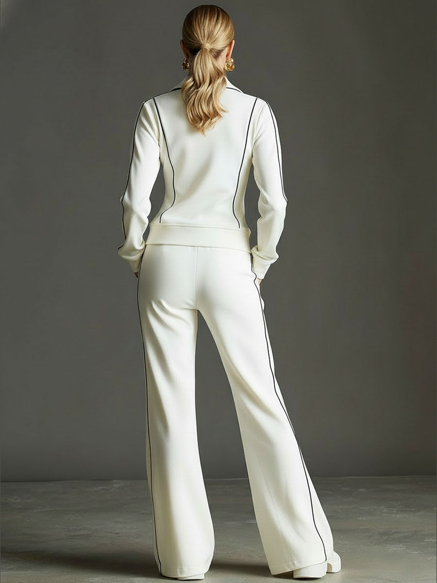 Sporty Retro Black Trim Off-White Long-Sleeve Half-Zip Sweatshirt And Wide-Leg Pants Set