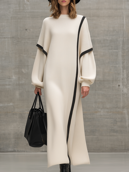 Loose-fitting Black Striped Faux Two-piece Sleeve White Knit Maxi Dress
