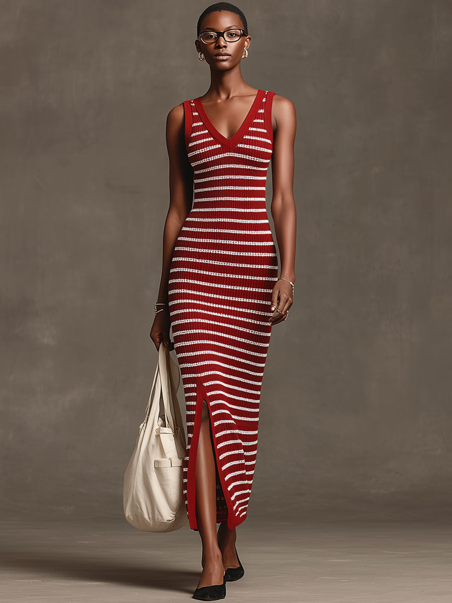 Fashionable Retro Red And White Striped Knit Sleeveless Maxi Dress