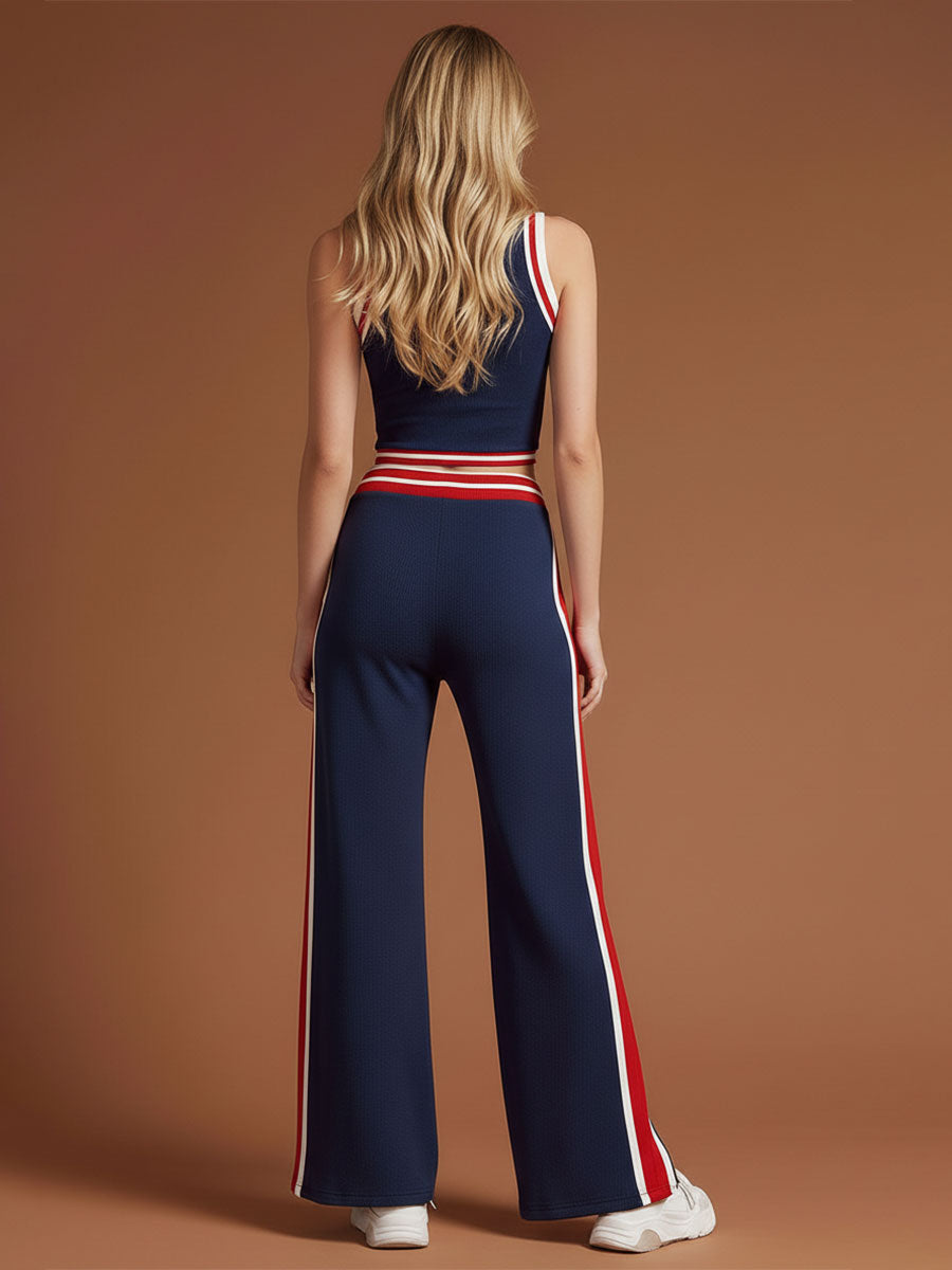 Fashionable Sporty Red And White Trim Blue Sleeveless Top And Pants Set