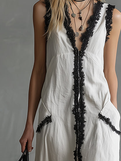 Elegant Urban Style Lace-trimmed White Cotton And Linen Sleeveless Maxi Dress