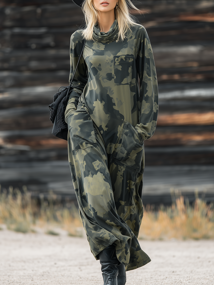 Casual Western Camouflage Print Layered Neckline Maxi Dress
