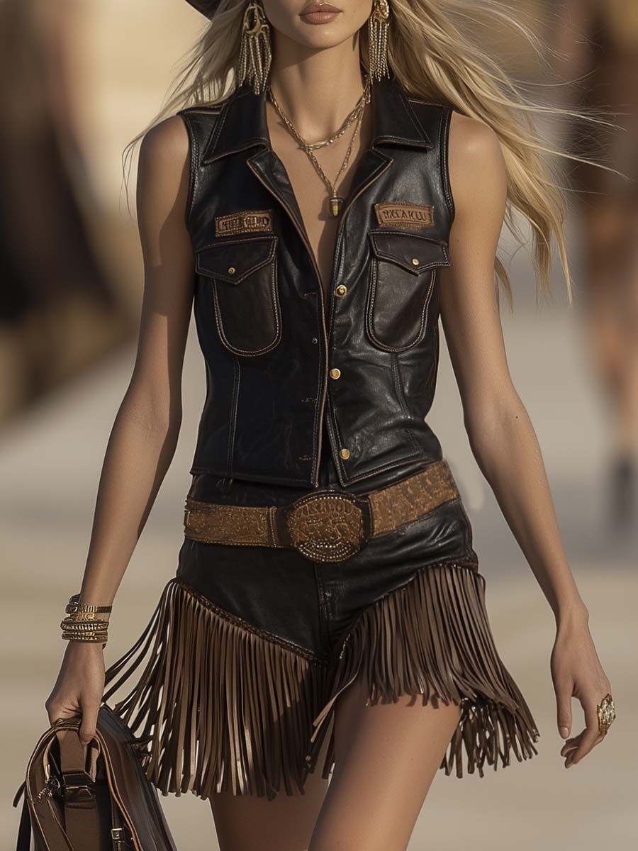 Vintage Western Dark Brown Distressed Leather V-Neck Vest And Tassel Shorts Set