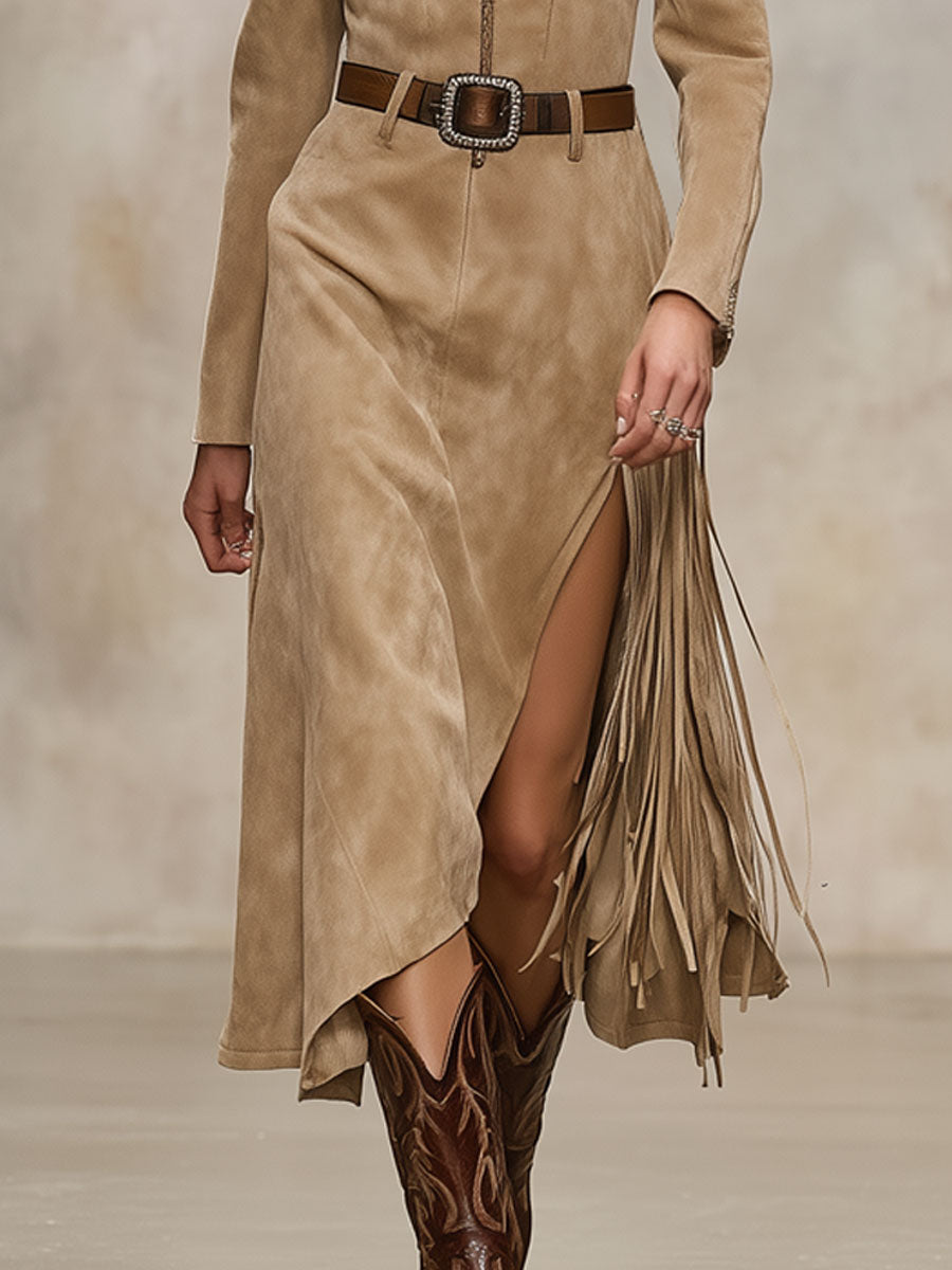 Western-style Retro Square Neck Zipper Apricot Faux Suede Tassel Midi Dress