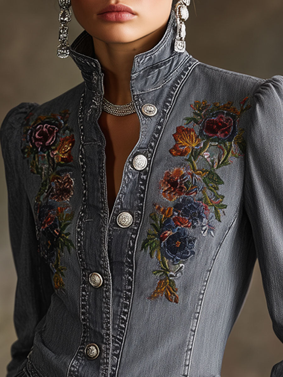Casual Retro Floral Embroidered Ruffled Gray-blue Denim Jacket