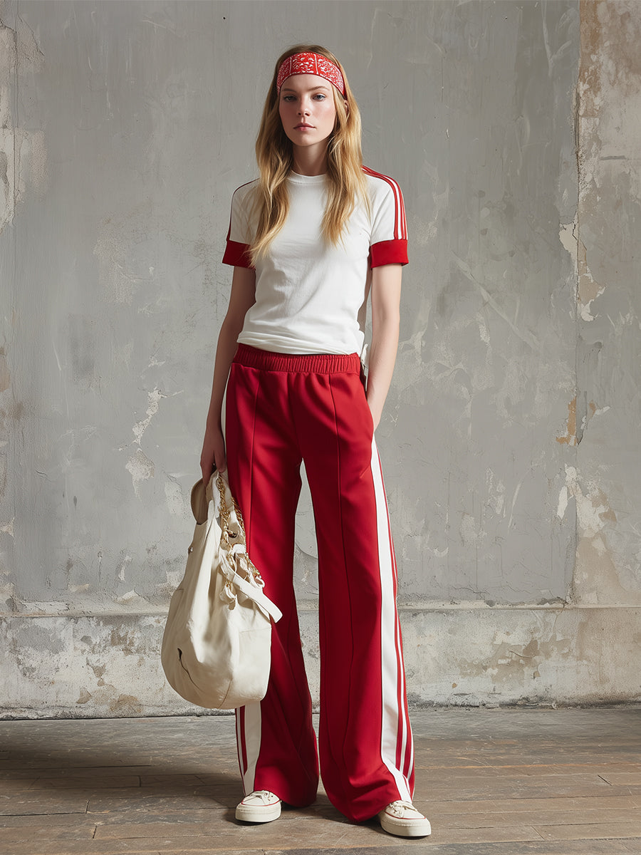Casual Everyday Sports Striped Side Color-block T-shirt And Sweatpants Set
