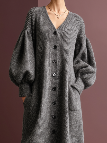 Simple Loose-fitting V-neck Gray Knitted Long Cardigan