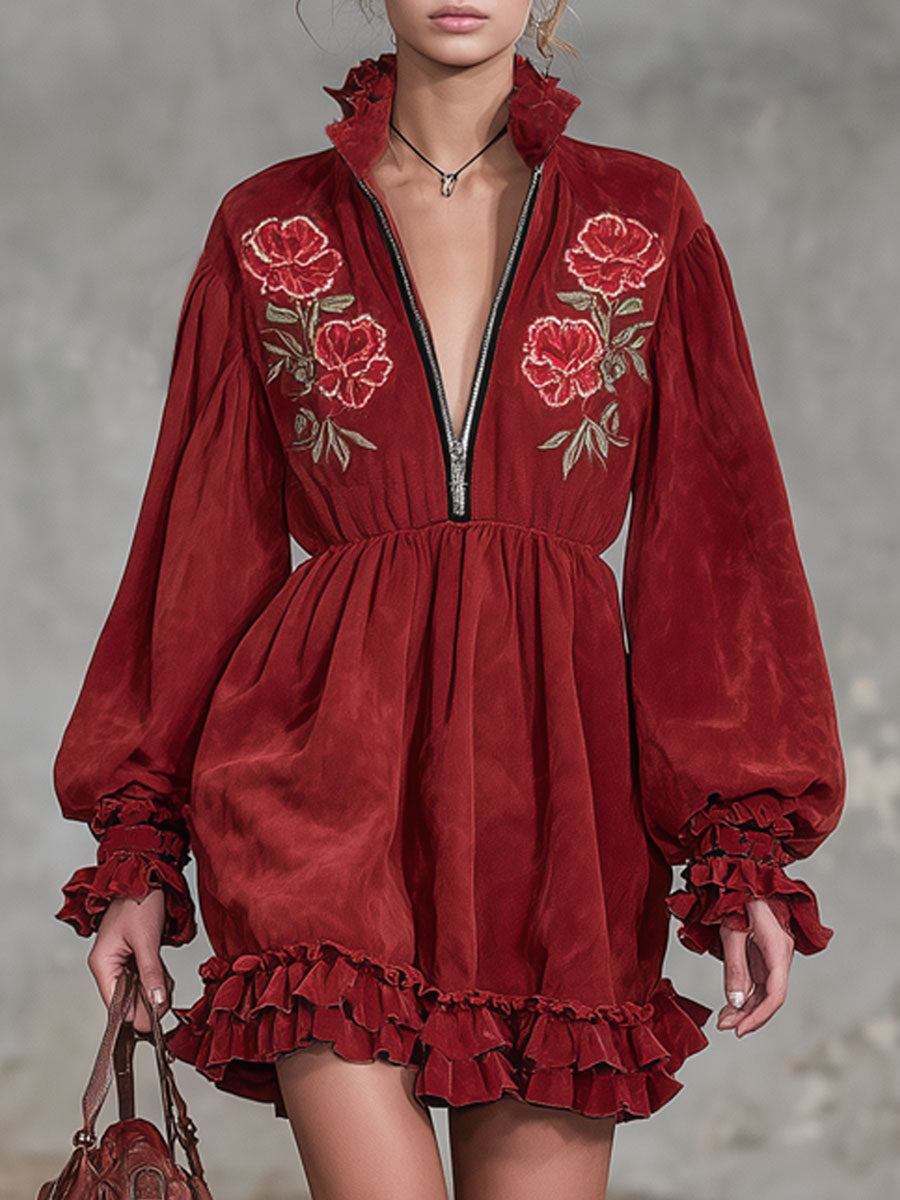 Ruffled Trim Zippered Floral Embroidered Faux Suede Long-sleeved Mini Dress