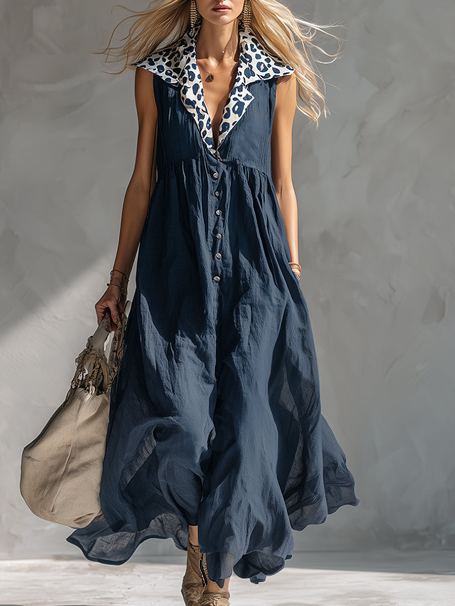 Modern Urban Style Leopard Print Collar Navy Blue Cotton And Linen Sleeveless Maxi Dress