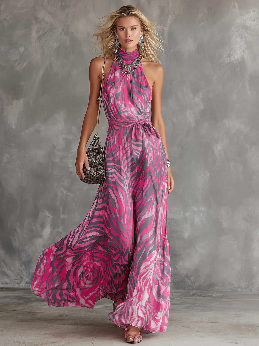 Stylish And Elegant Hot Pink Zebra Print Chiffon Halter Neck Sleeveless Maxi Dress