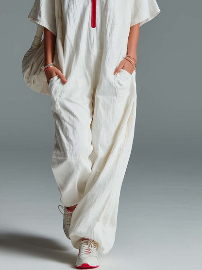 Casual Fashion Lapel Front Zipper Red Trim Short Sleeves Cream Washed Cotton Jumpsuit