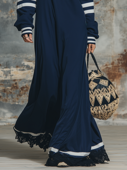 Retro Sporty V-neck Color-blocked Striped Lace-trimmed Maxi Dress
