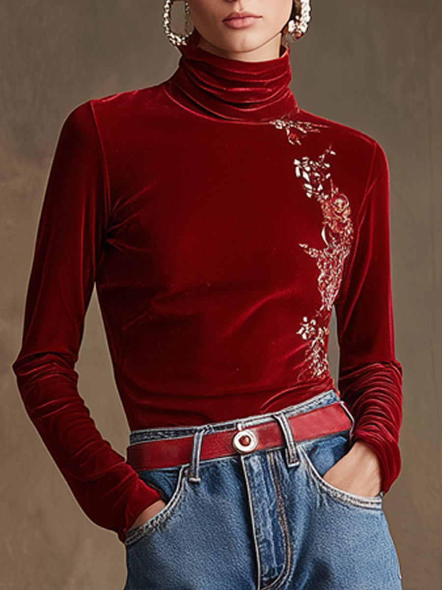 Casual Retro Floral Embroidered High-Neck Red Velvet Long-Sleeve T-Shirt